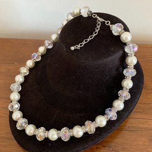 Vintage Pearl and Crystal Glass Bead Necklace with Rhinestone Spacers 19"